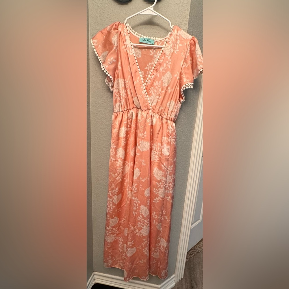 Filly Flair Peach Floral Wrap Midi Dress Pom Pom Trim Size Small